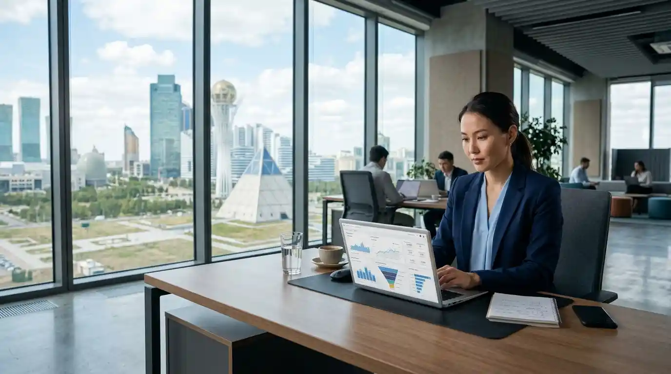 Business professional reviewing digital analytics beside a window overlooking Astana's modern skyline.