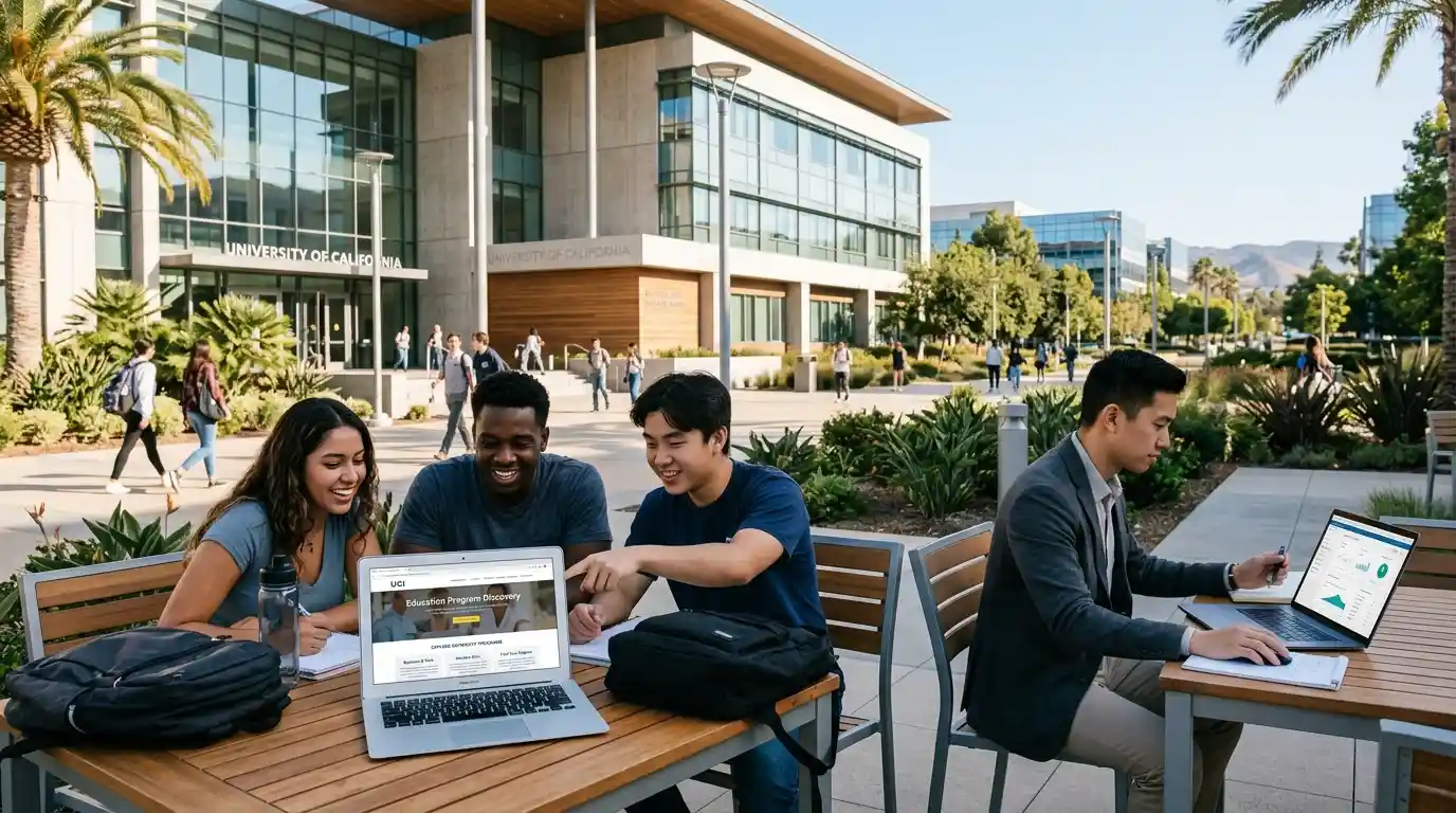 Students and a marketing professional using digital technology in a modern Irvine university setting.