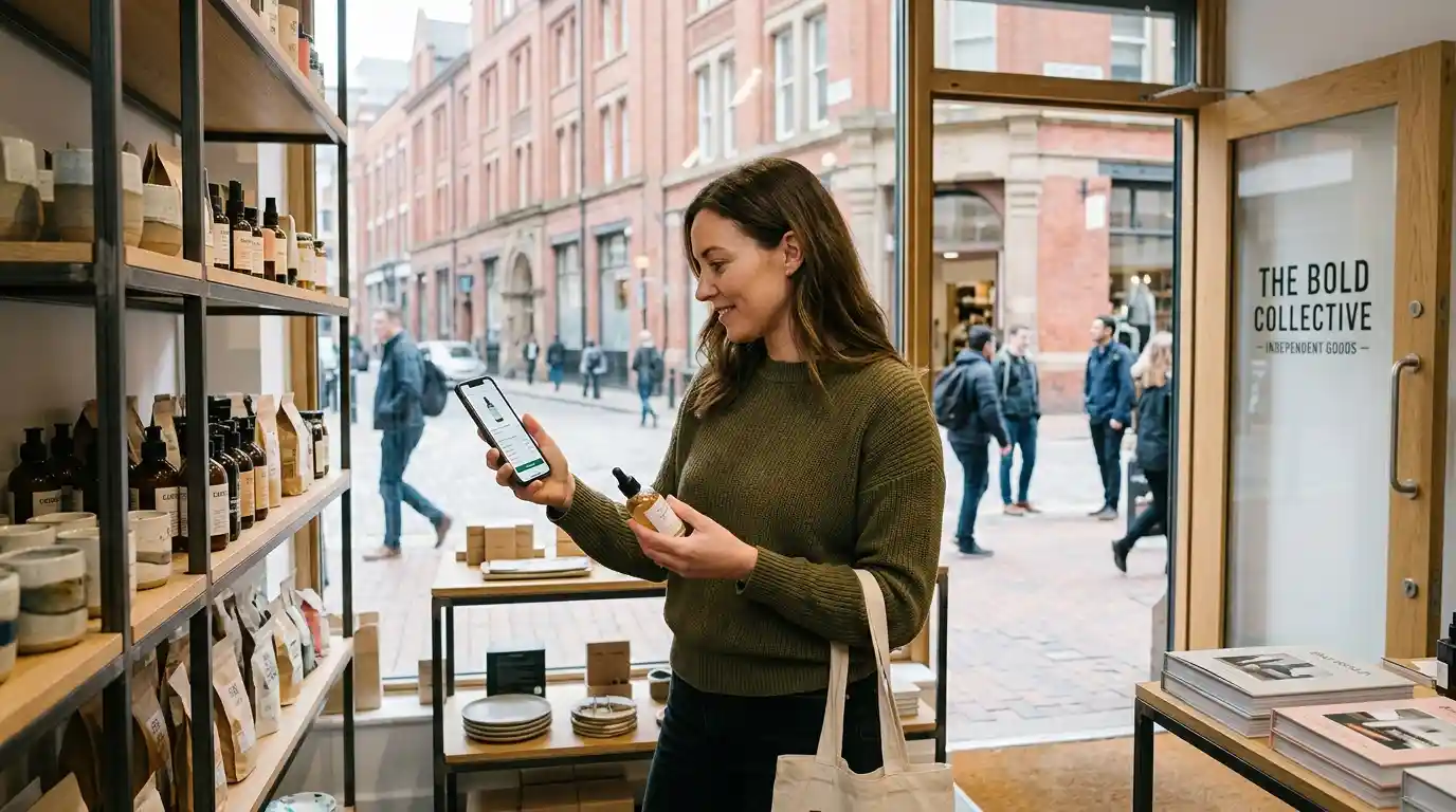 Shopper using a smartphone inside a modern retail shop in Birmingham