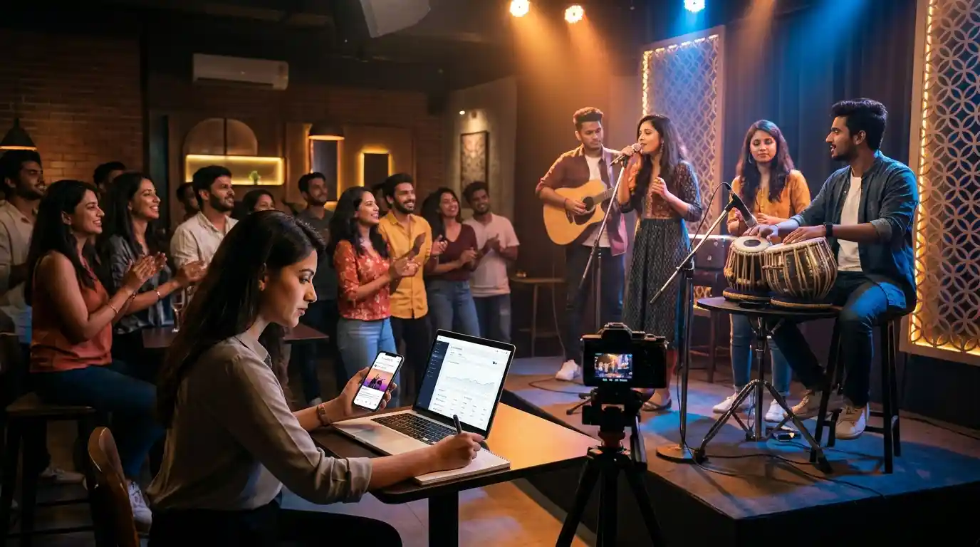 Musicians performing at a live event in Hyderabad as a creative professional reviews digital marketing activity.