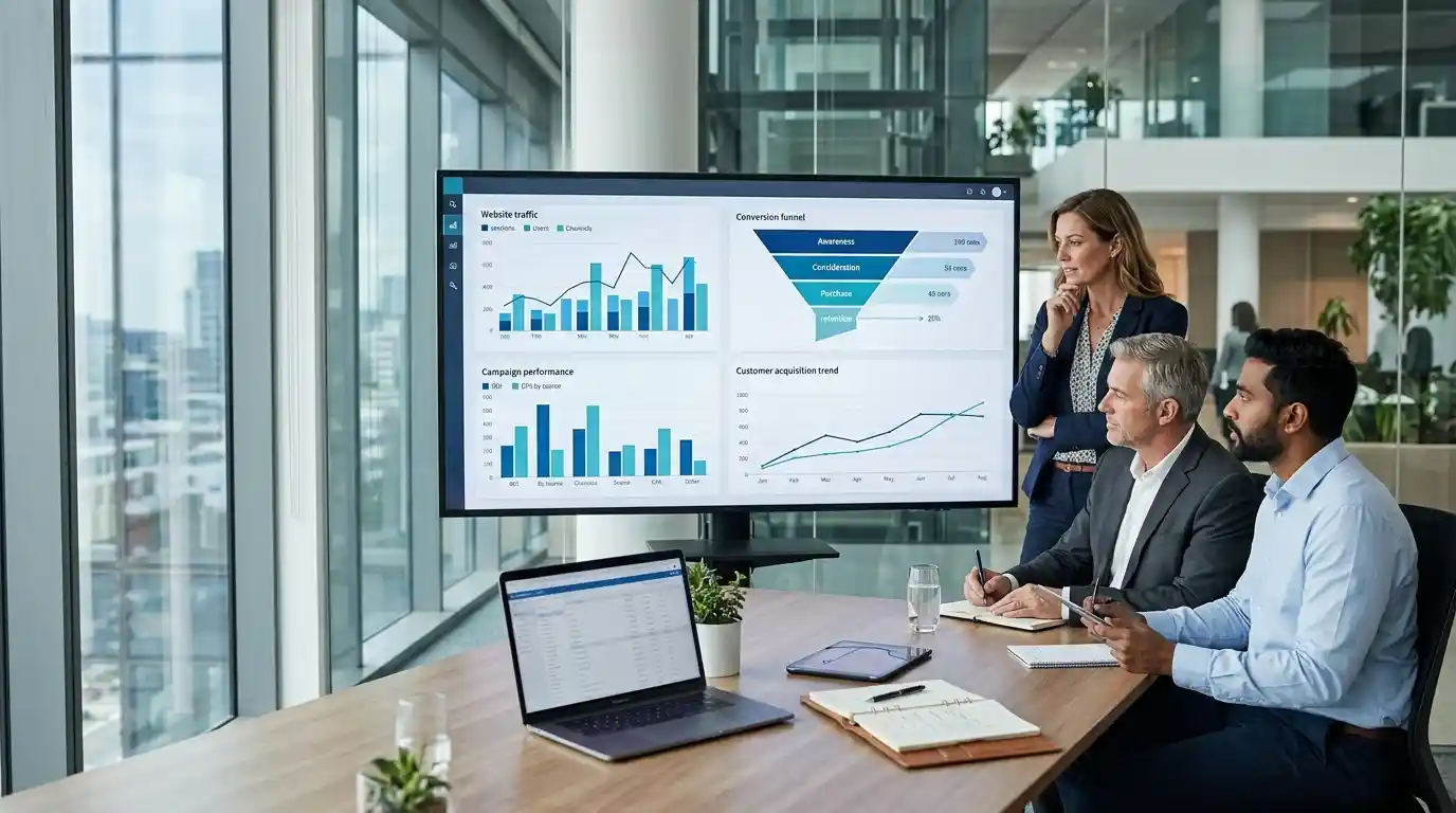 Business professionals reviewing digital marketing analytics and campaign performance in a modern office.