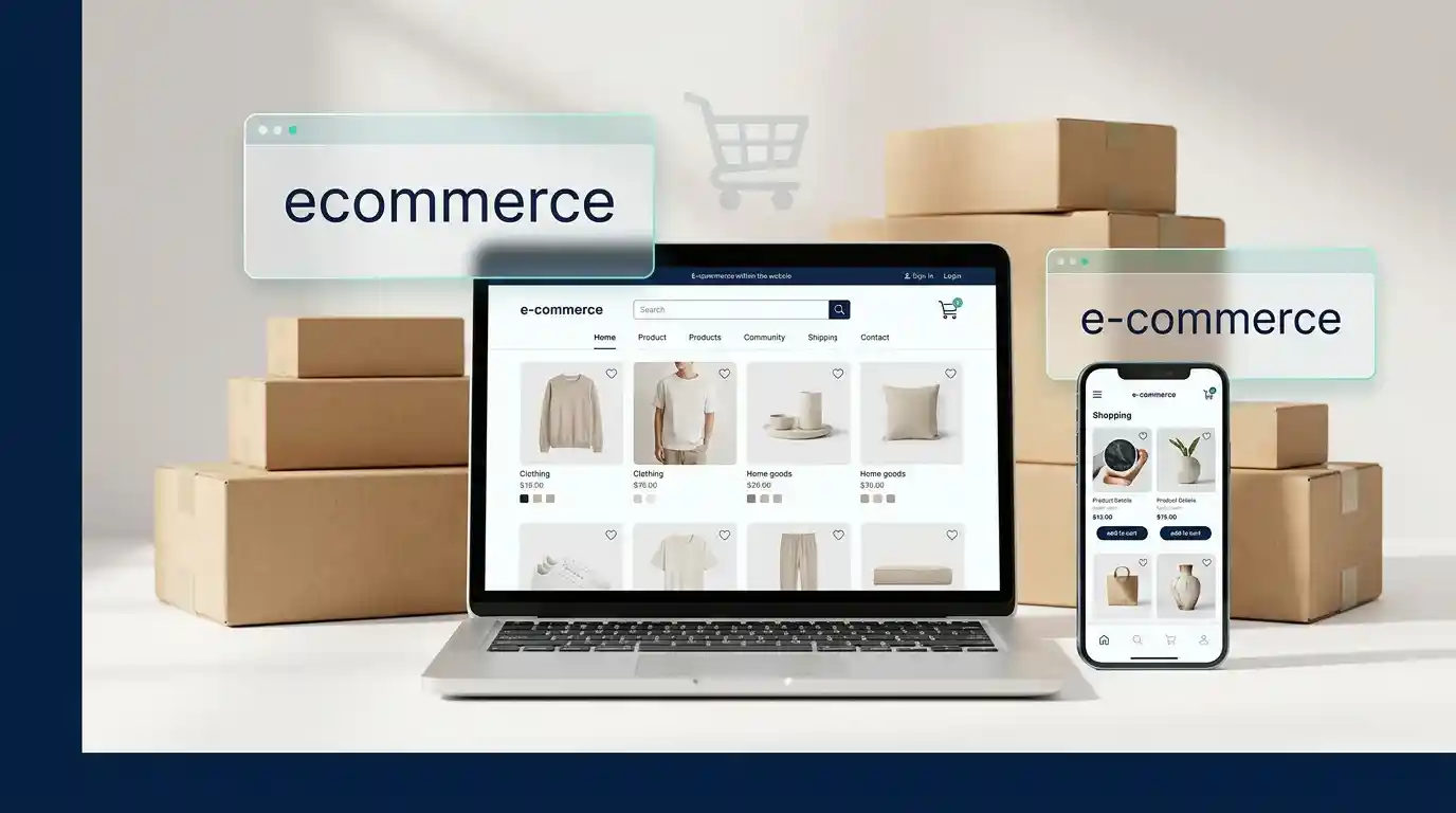 Laptop and smartphone displaying online shopping interfaces alongside the terms ecommerce and e-commerce.