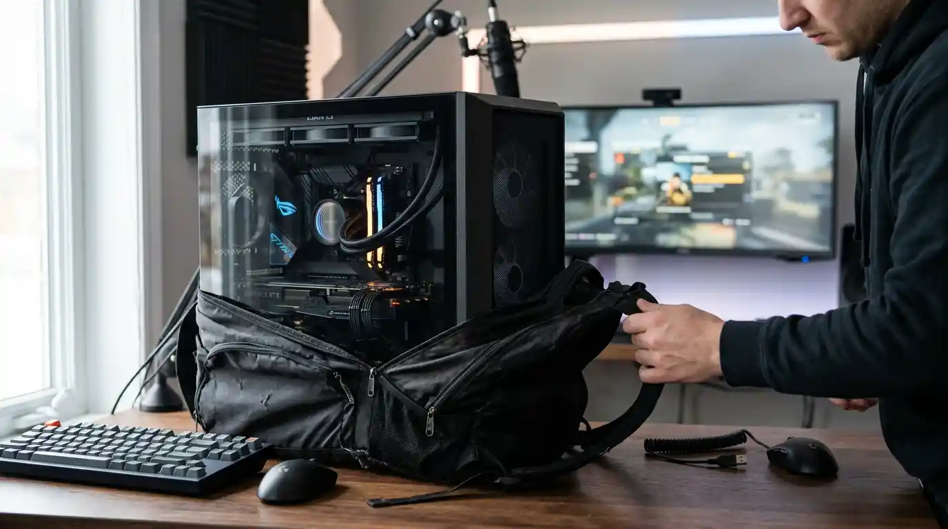 Gaming desktop tower beside a soft backpack with thin straps and limited structural support.
