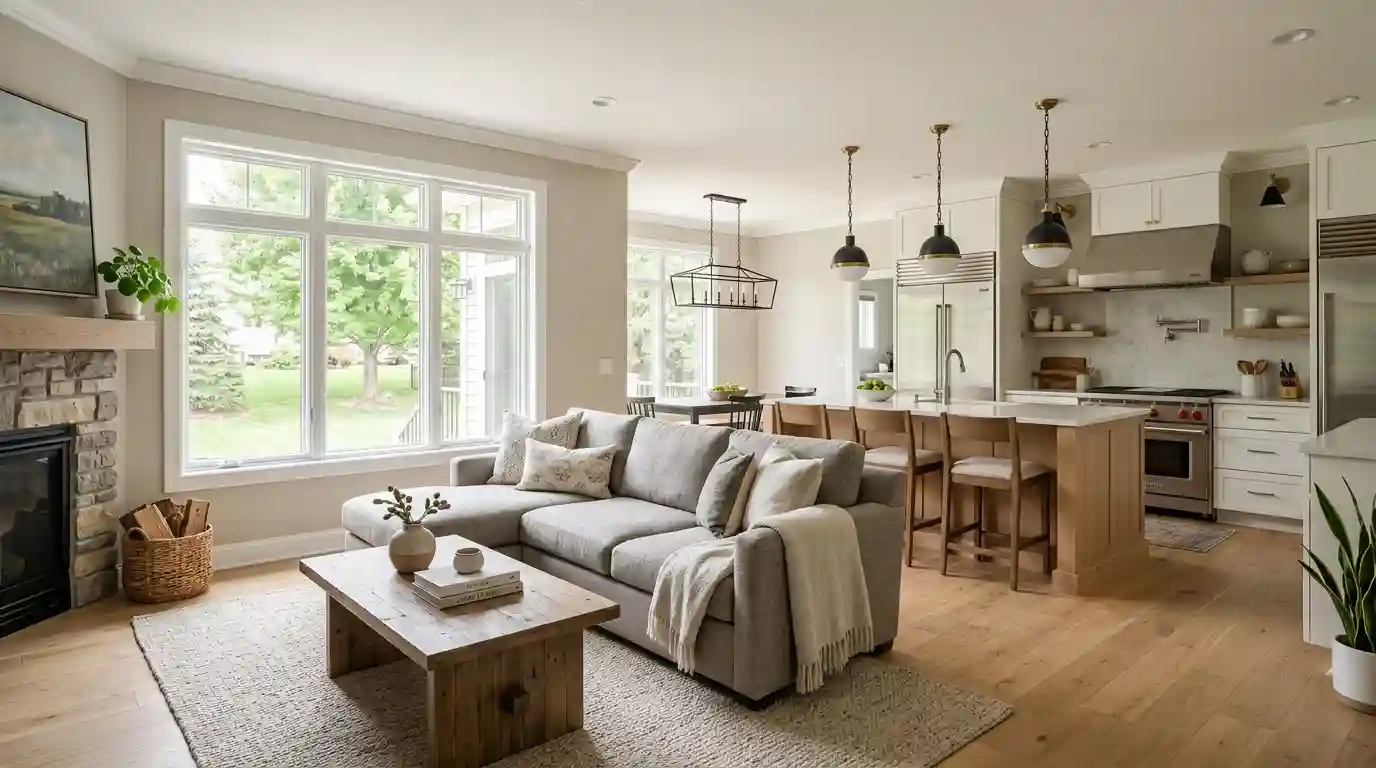 Renovated suburban home interior with an open kitchen, light oak flooring, and modern lighting.