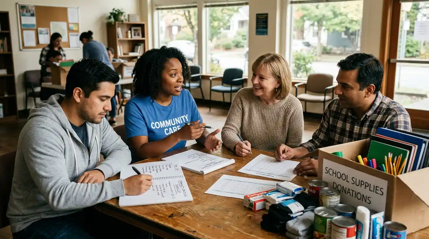 Volunteers planning a charitable initiative around a table with notebooks and donated school supplies.