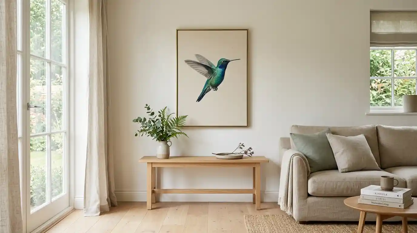Hummingbird wall artwork above a neutral sofa in a minimalist living room with natural wood and greenery.