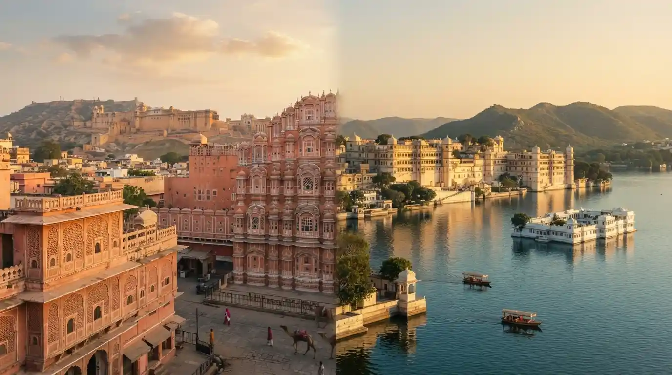 Jaipur-style pink architecture beside a scenic Udaipur lake and palace landscape in Rajasthan