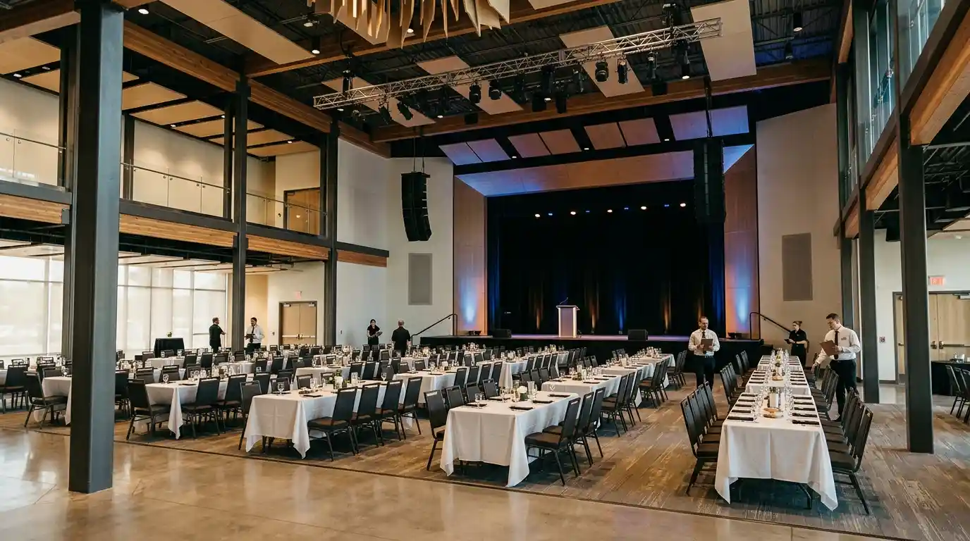 Modern event hall with a stage, arranged seating, audiovisual equipment, and professional lighting.