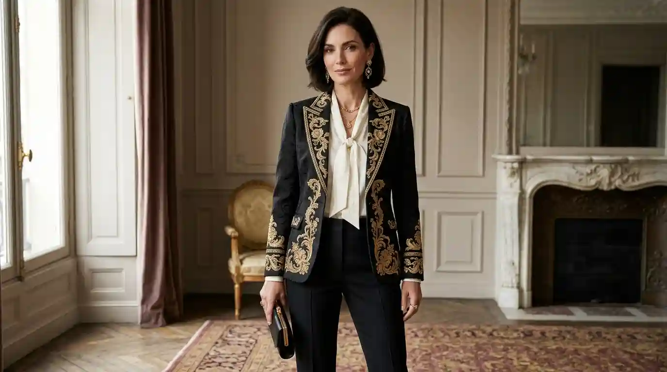Contemporary black tailored blazer with ornate gold embroidery styled with an ivory blouse and black trousers.