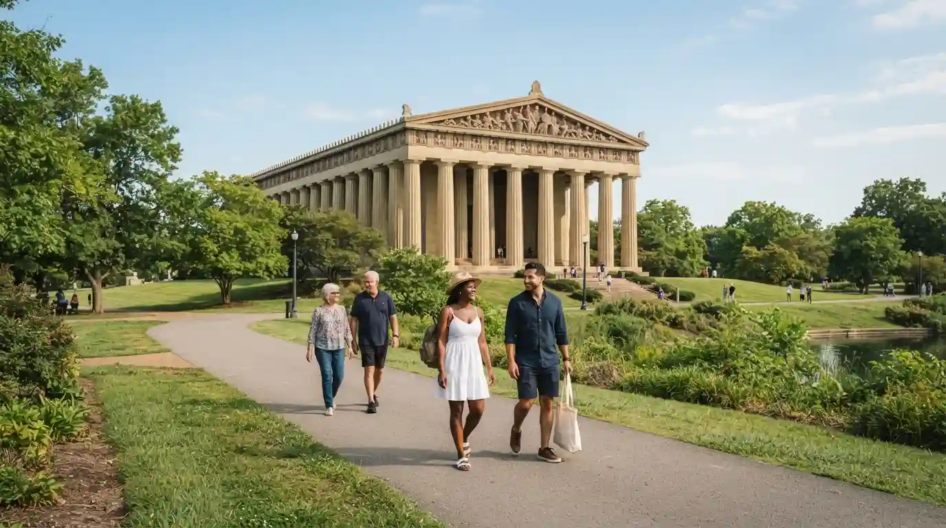 Visitors exploring Centennial Park with the Nashville Parthenon in daylight