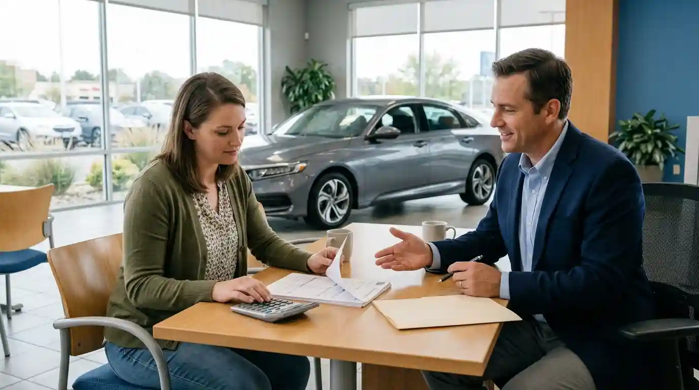 A car buyer reviews auto financing paperwork with a dealership finance professional beside a new sedan.