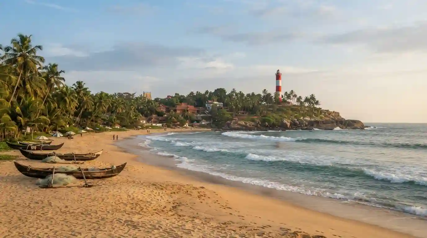 Kovalam beach with coconut palms and Vizhinjam Lighthouse along the Kerala coast