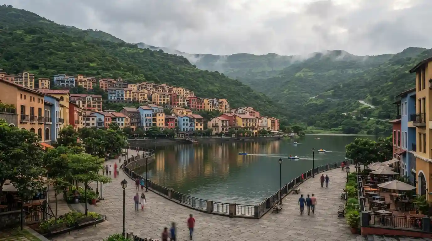 Lavasa City waterfront with lake, hillside scenery, and surrounding greenery near Pune