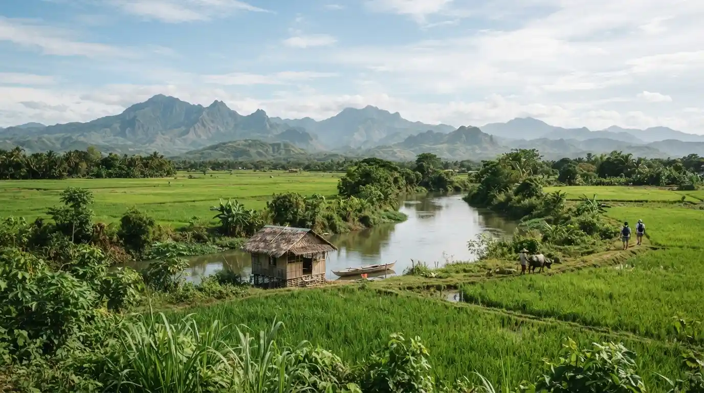Scenic Nueva Ecija countryside with green rice fields, mountains, and a peaceful water landscape