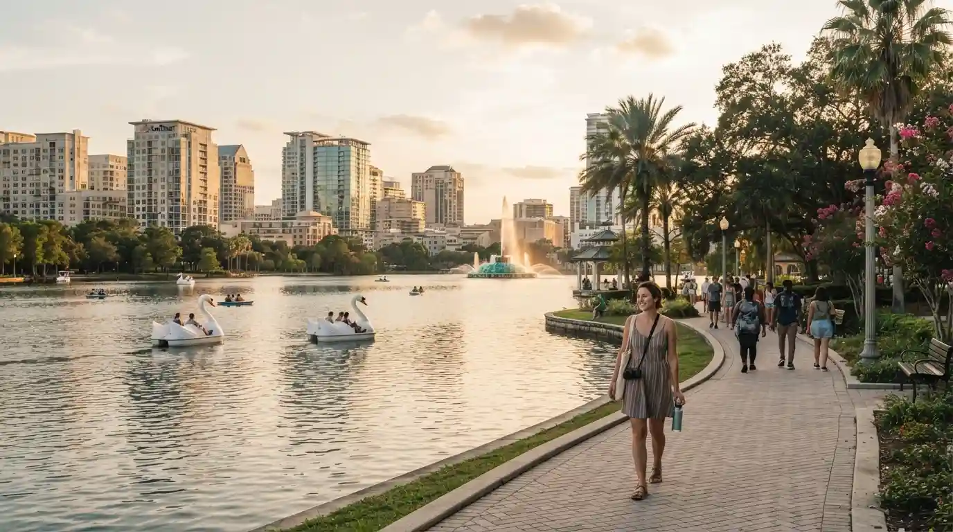 Lake Eola and the Orlando skyline representing things to do beyond Disney