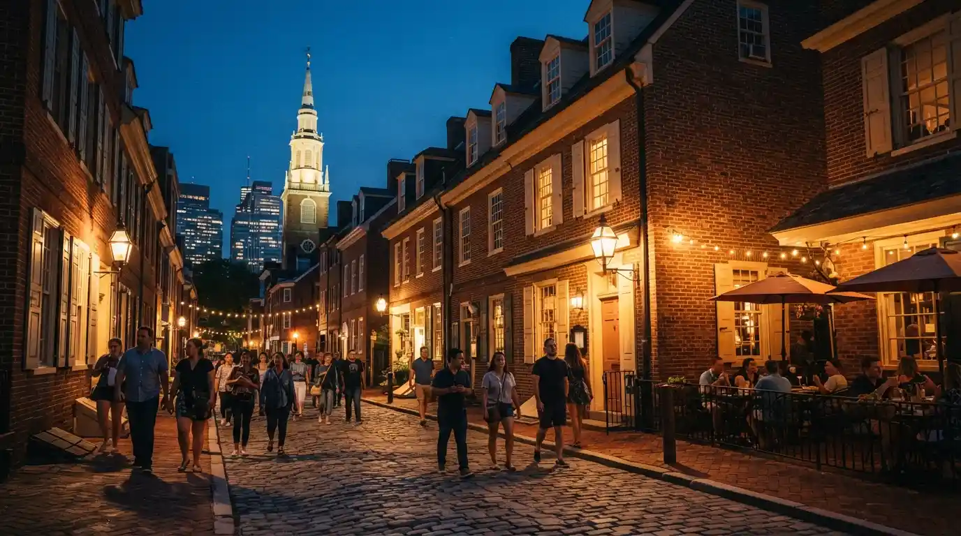 Philadelphia city streets illuminated after sunset with historic buildings and evening visitors.