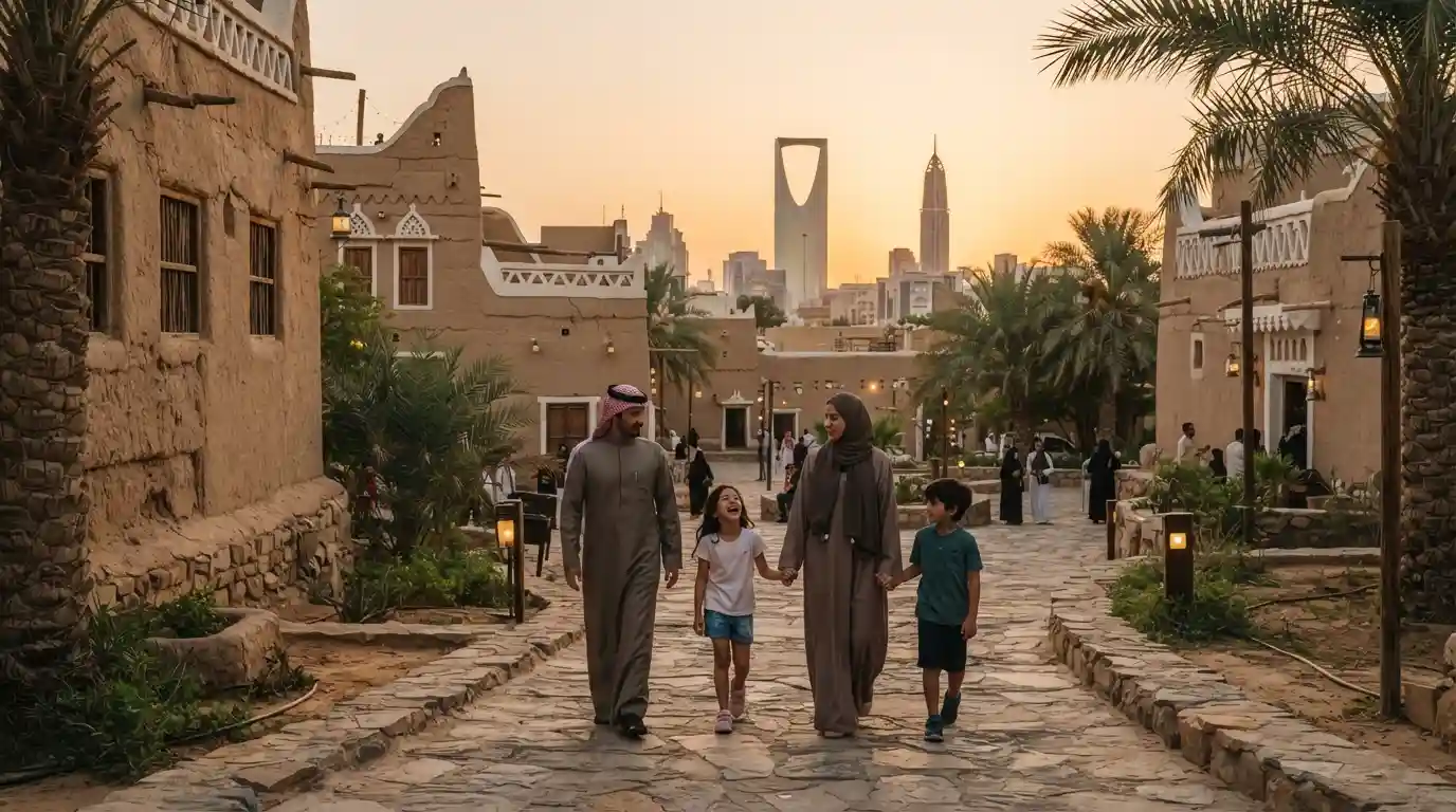 Family exploring a traditional Riyadh heritage area with Najdi architecture and the city skyline in the background