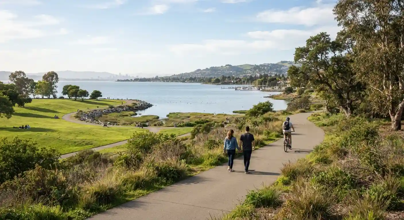 Scenic San Leandro shoreline park and walking trail in California