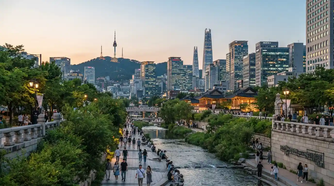Summer evening view of Seoul with traditional architecture, greenery, and the city skyline