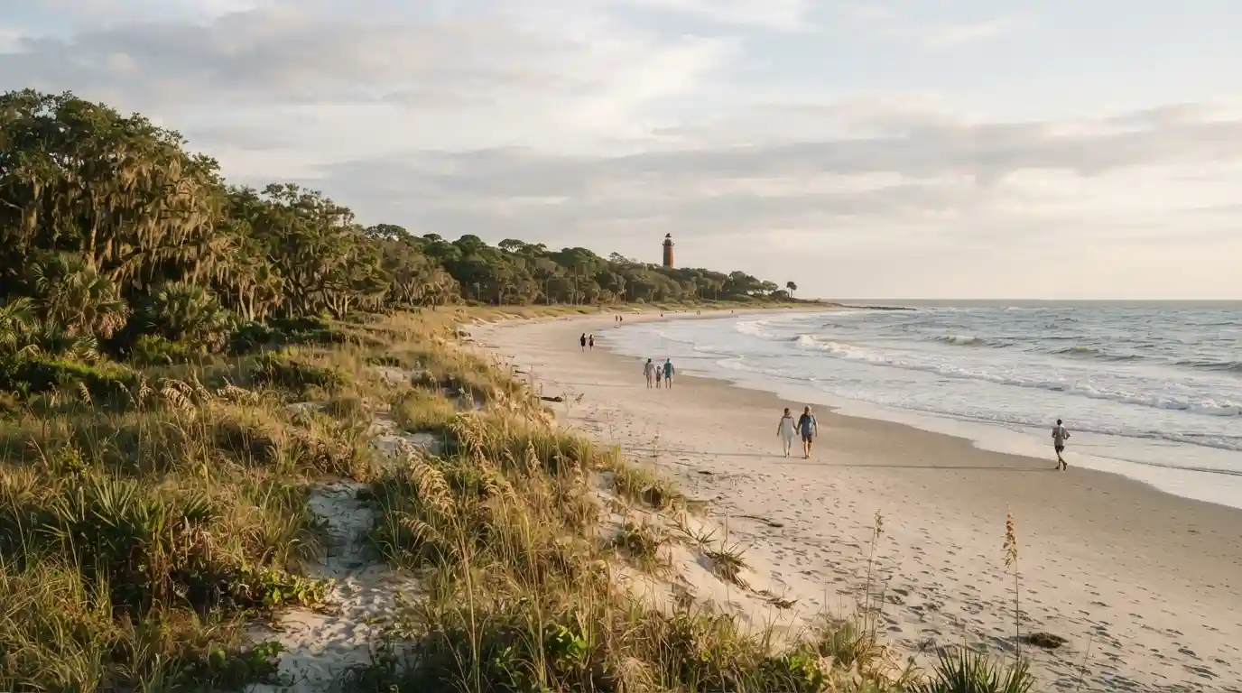 South Carolina coastal beach with dunes, ocean waves, and Lowcountry scenery