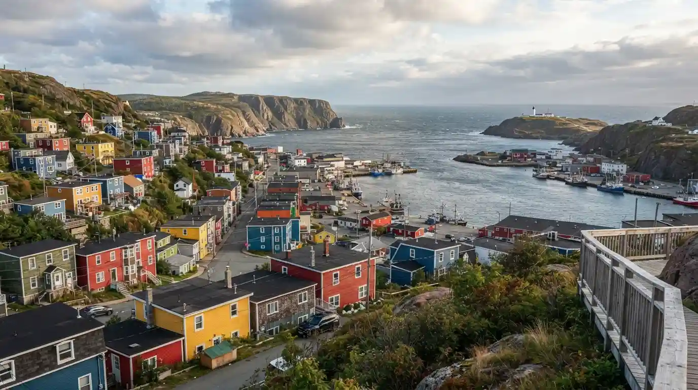 Colorful St. John’s waterfront and rugged Atlantic coastline in Newfoundland