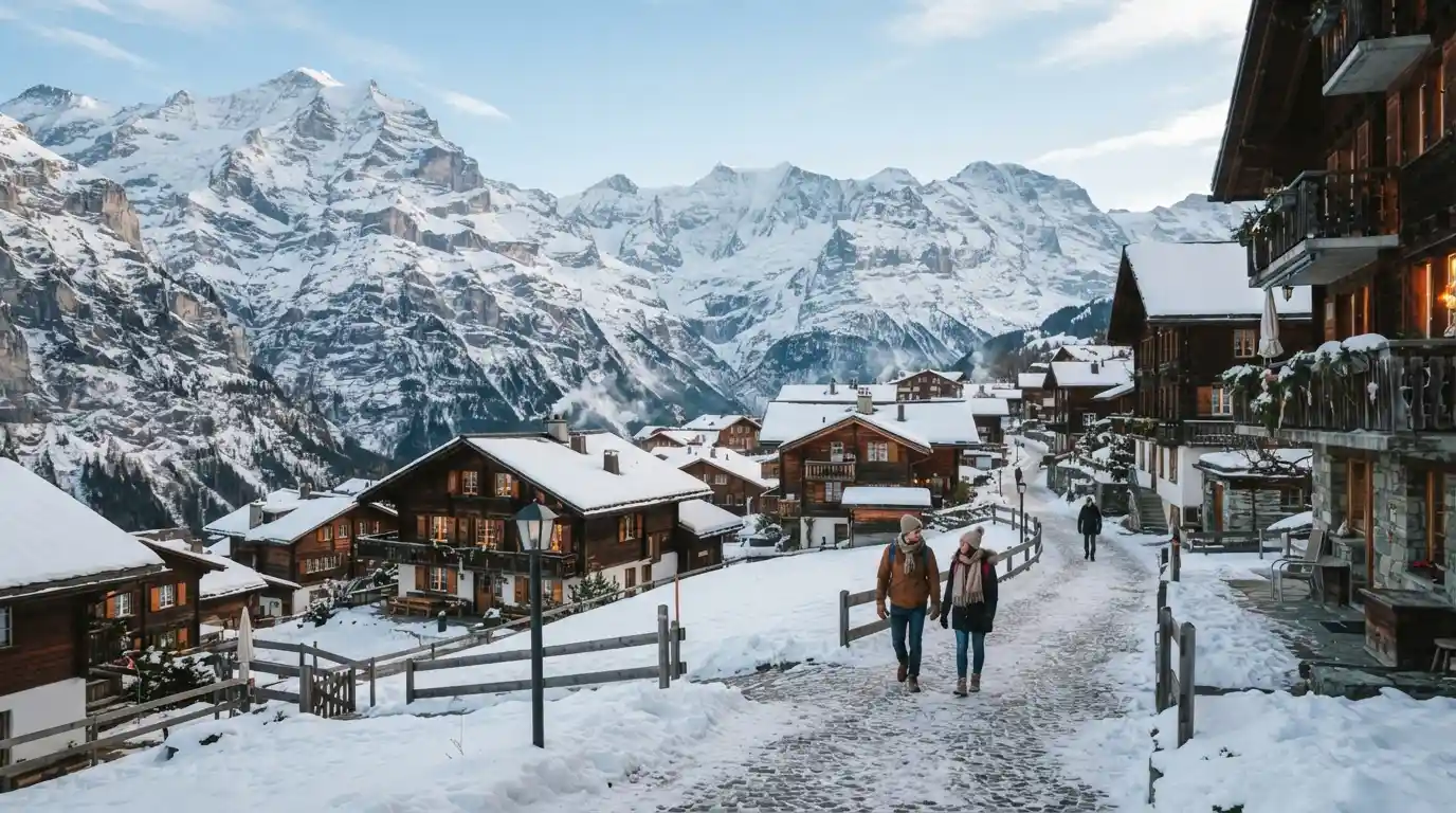 Snow-covered Swiss alpine village surrounded by winter mountains