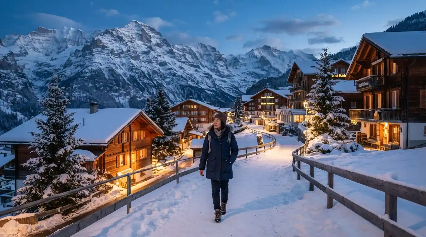 Snow-covered alpine village and mountains during a winter vacation