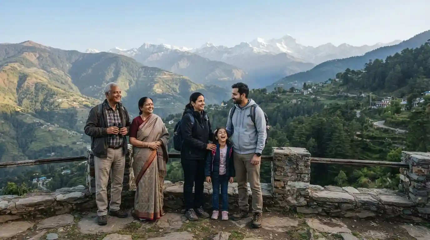 Family enjoying a scenic Himalayan viewpoint in Uttarakhand