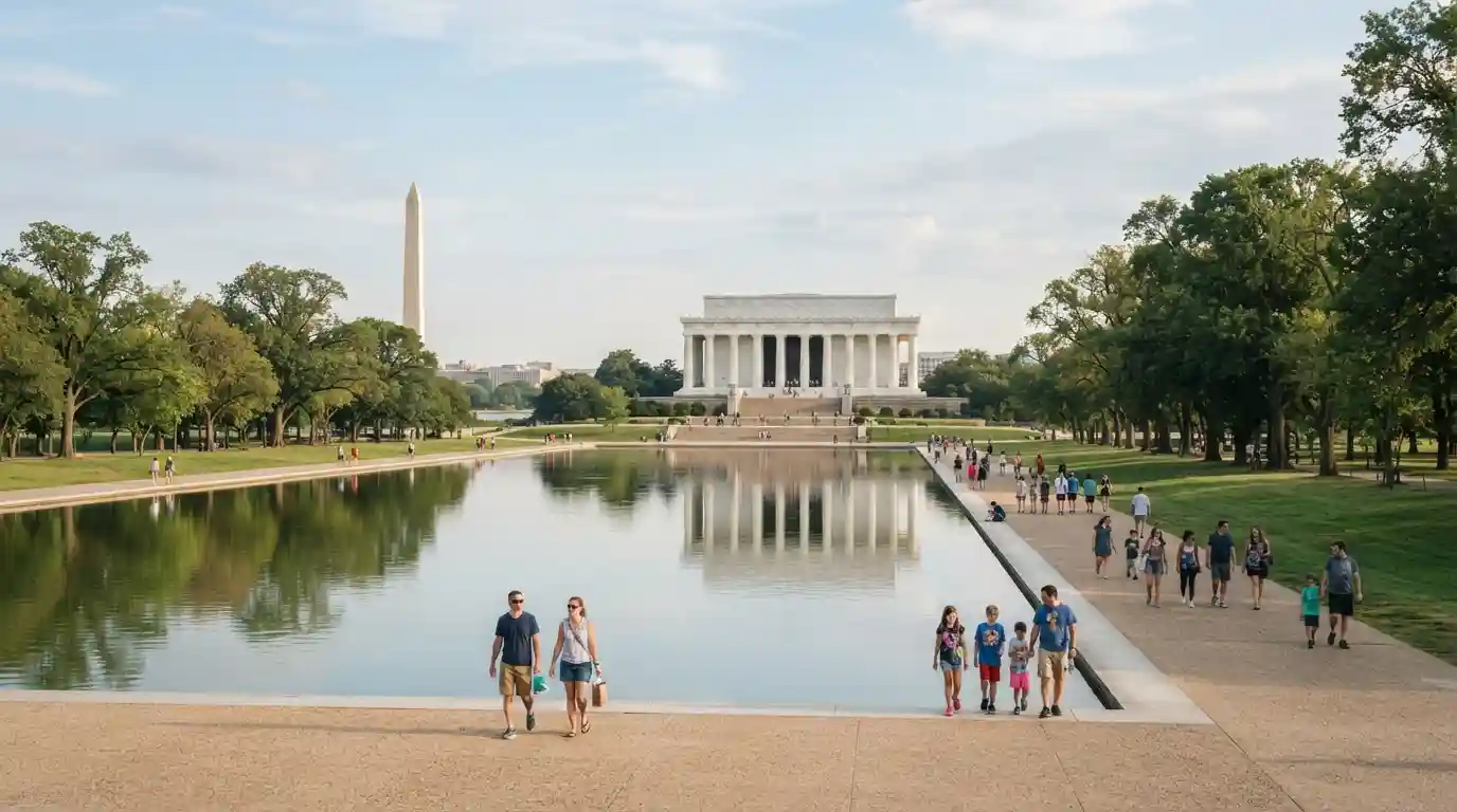 Washington DC National Mall with the Lincoln Memorial and Washington Monument on a Sunday