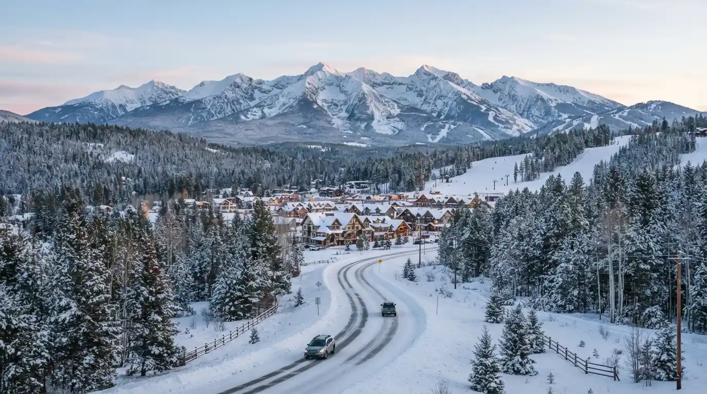 Snow-covered Montana mountains, pine forests, and a winter town beneath a clear mountain sky
