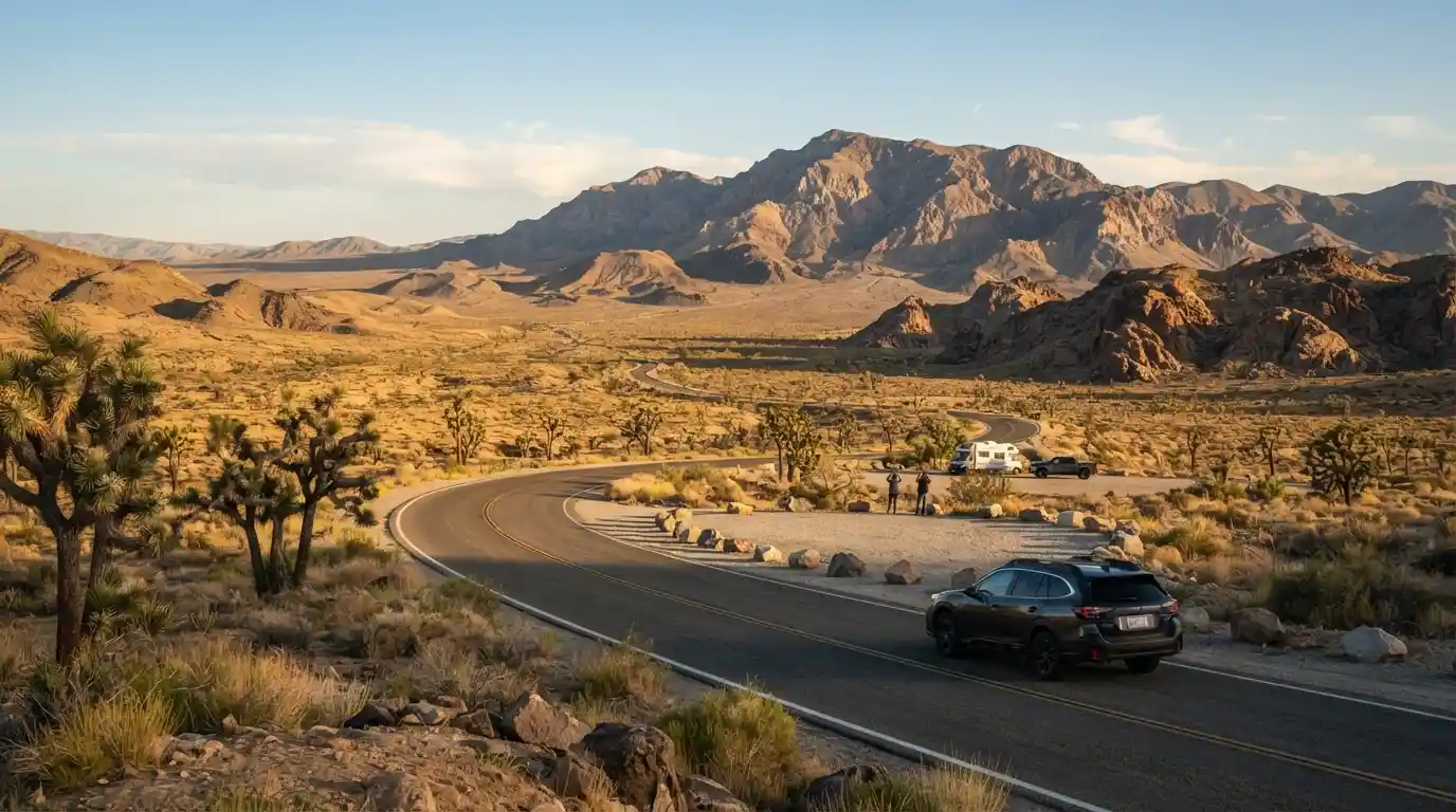 Desert road winding through the rugged landscape near Death Valley National Park