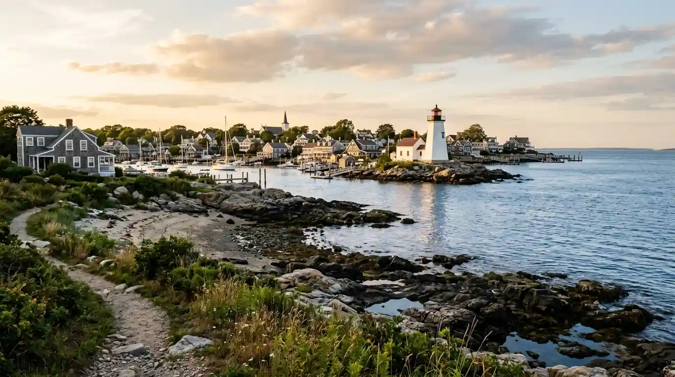 Scenic Rhode Island coastline with a lighthouse, historic coastal homes, and Atlantic Ocean views.