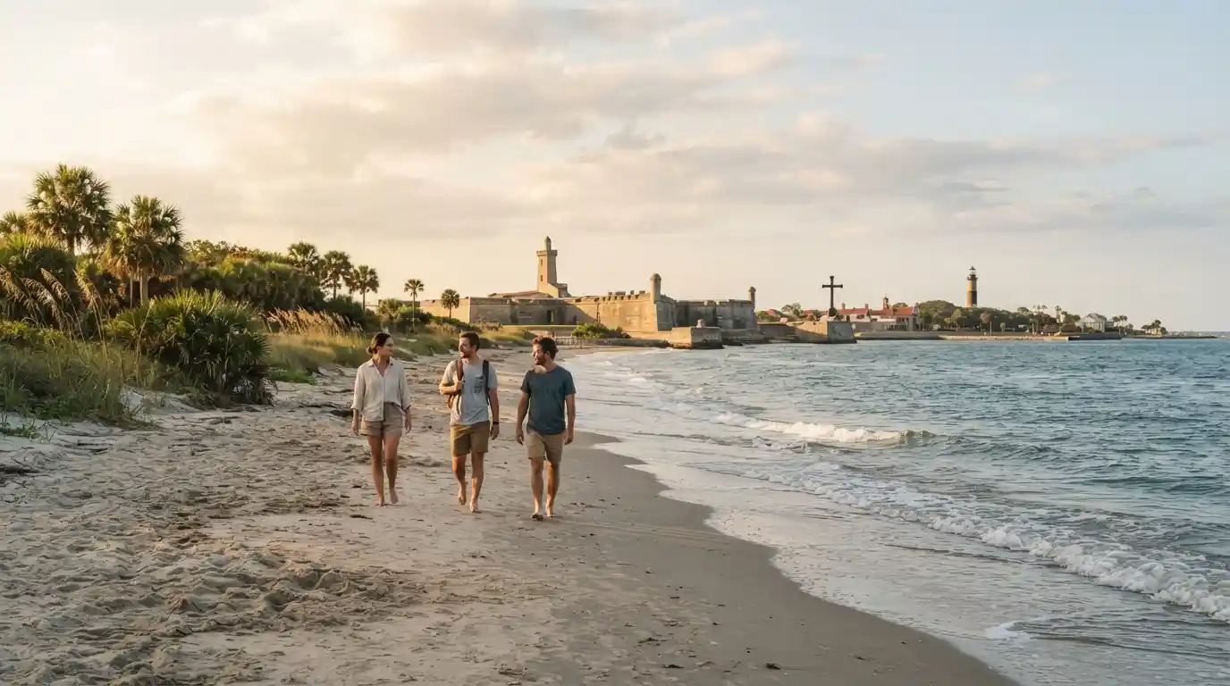 Travelers walking along a scenic beach near St. Augustine, Florida