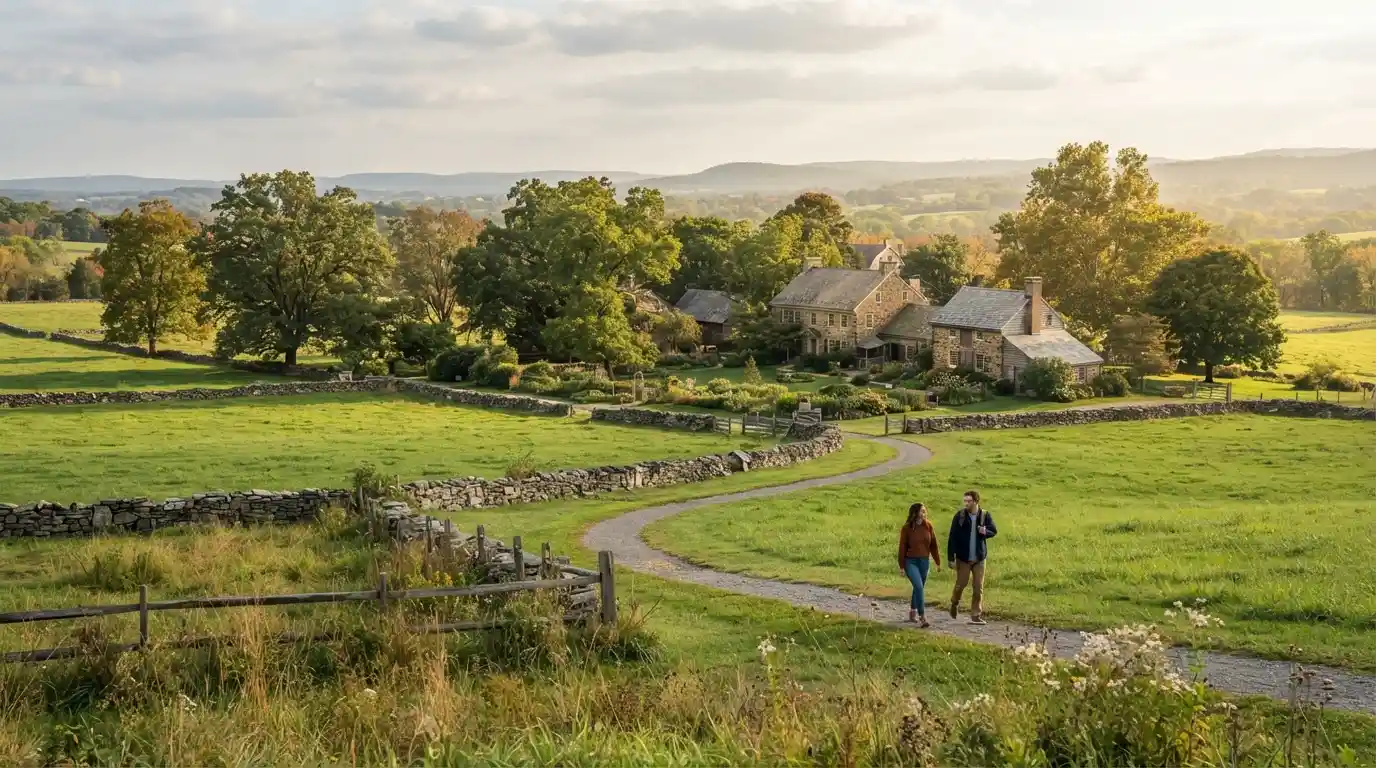 Scenic Brandywine Valley landscape near West Chester, Pennsylvania with historic surroundings and visitors exploring