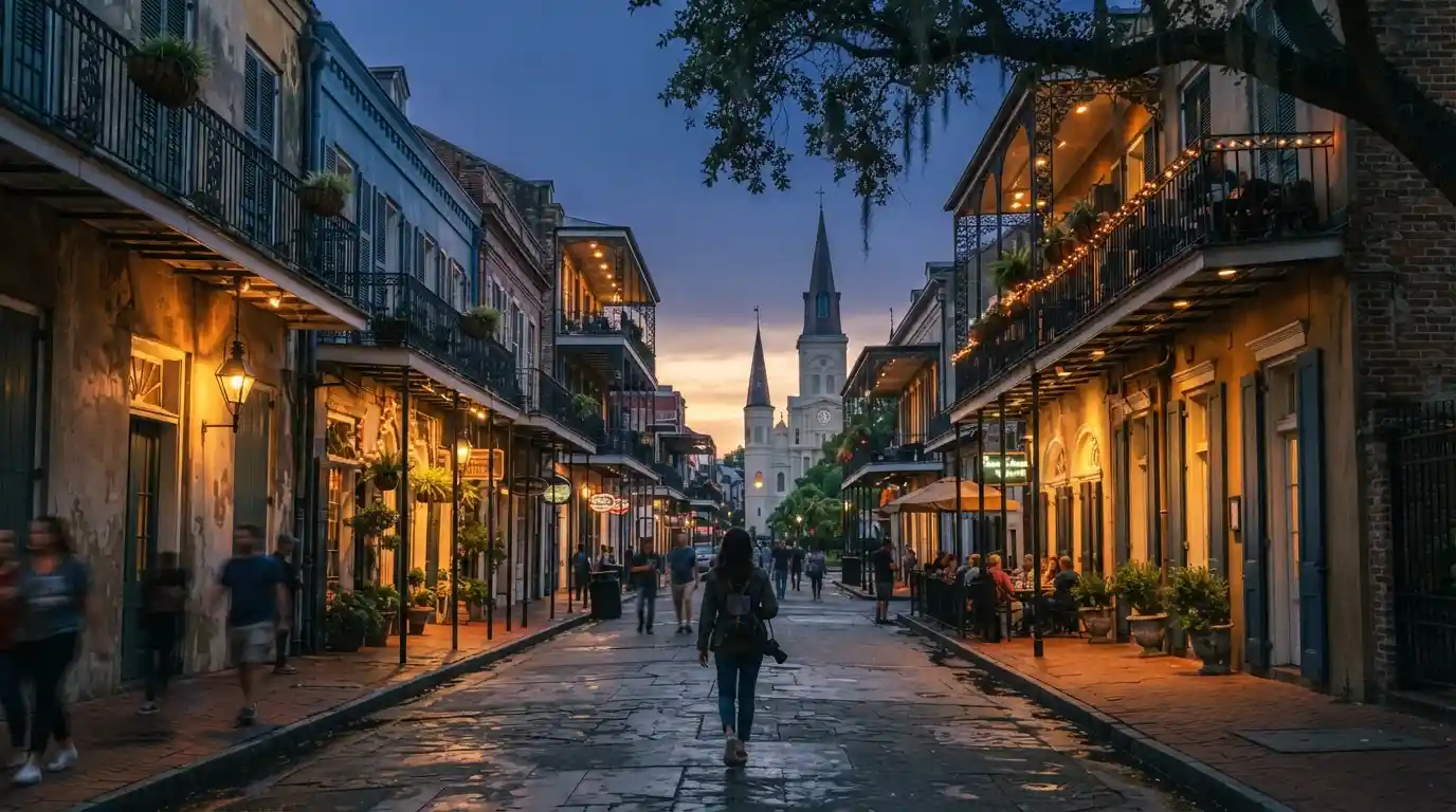Historic French Quarter street in New Orleans with wrought-iron balconies and warm evening lighting