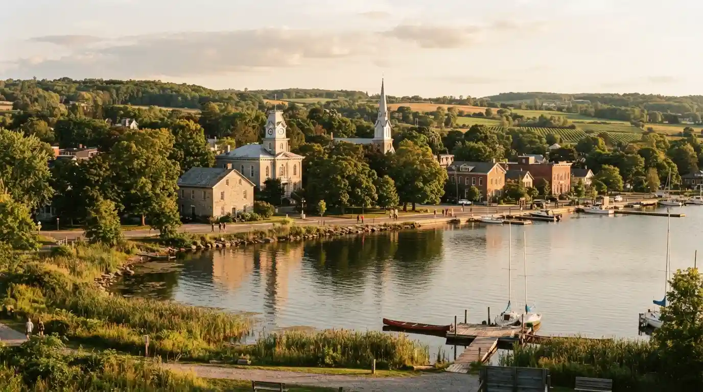 Scenic Prince Edward County landscape with waterfront views and historic architecture