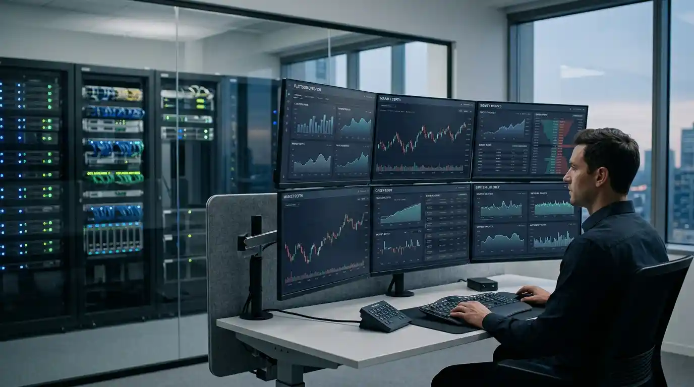 Trading workstation with financial charts and server infrastructure representing reliable trading platform operations.