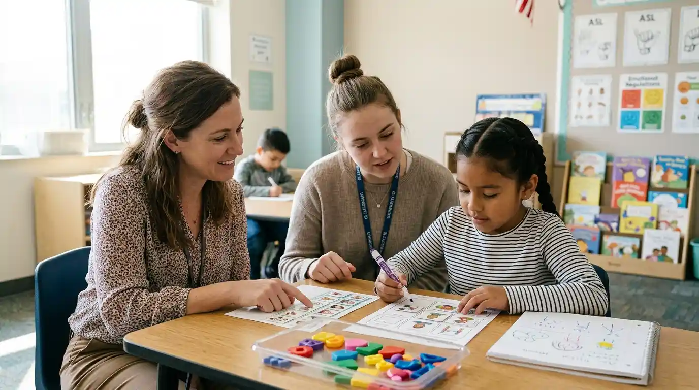 A special education teacher and classroom assistant helping an elementary-school student with a learning activity.