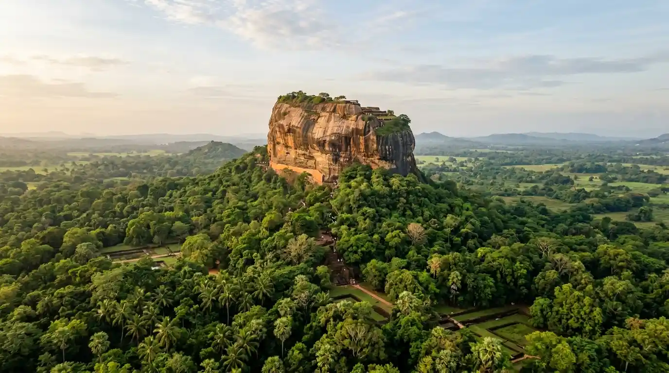 Sigiriya Rock Fortress rising above the lush green forests of Sri Lanka.