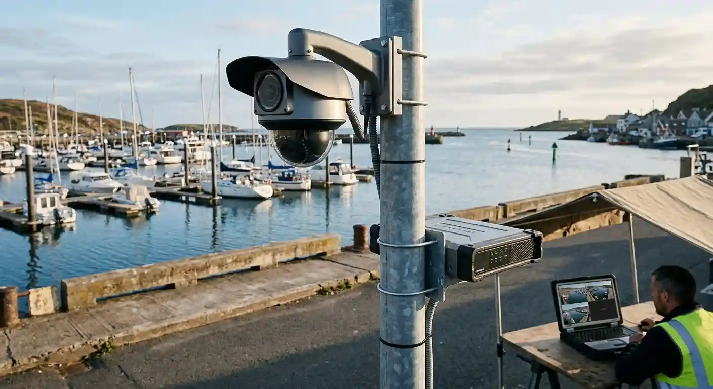 Outdoor network camera overlooking boats and a coastal harbor.