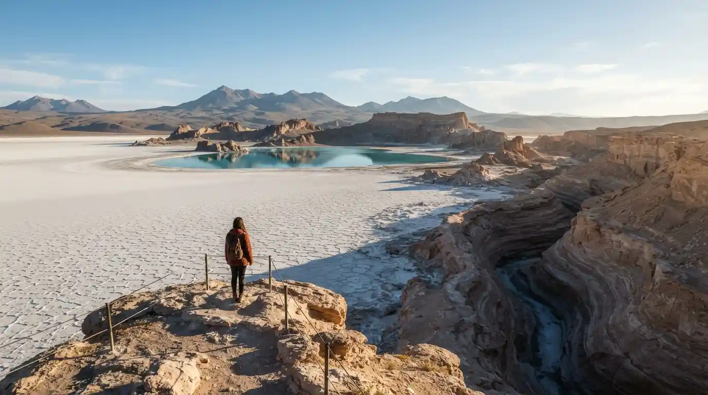 Traveler viewing a surreal landscape with salt flats, unusual rock formations, and a blue lake