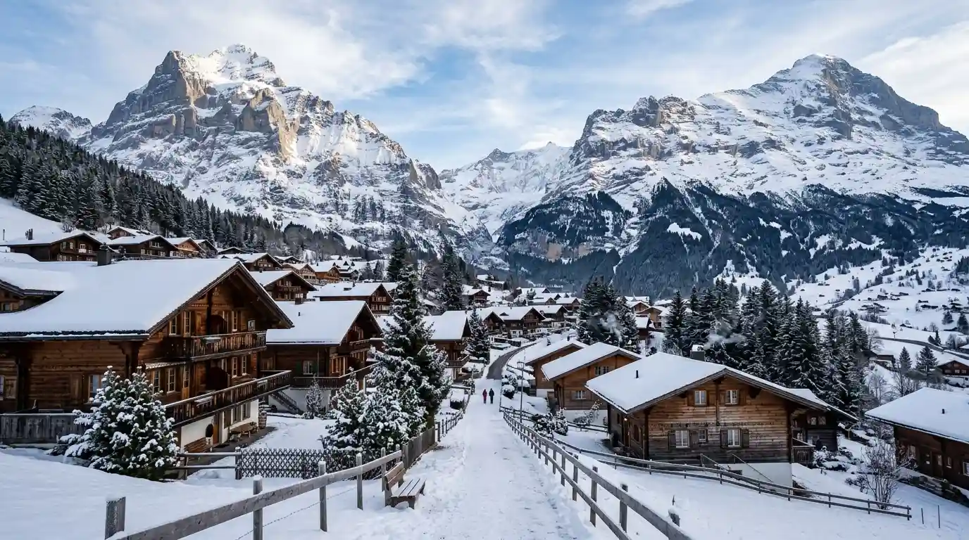 Snow-covered Alpine village surrounded by dramatic Swiss mountain peaks in winter.