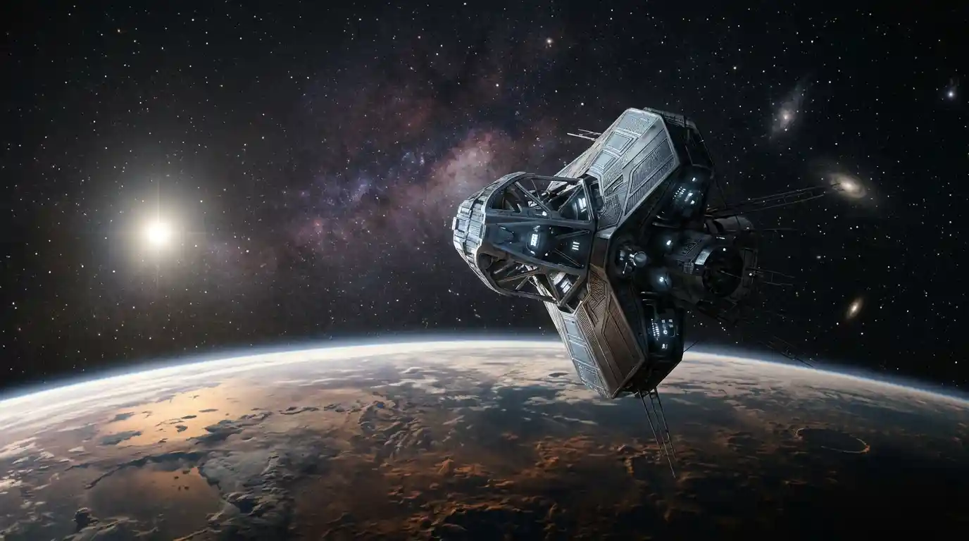 A futuristic unmanned probe with illuminated metallic components hovering above a rocky exoplanet in deep space.