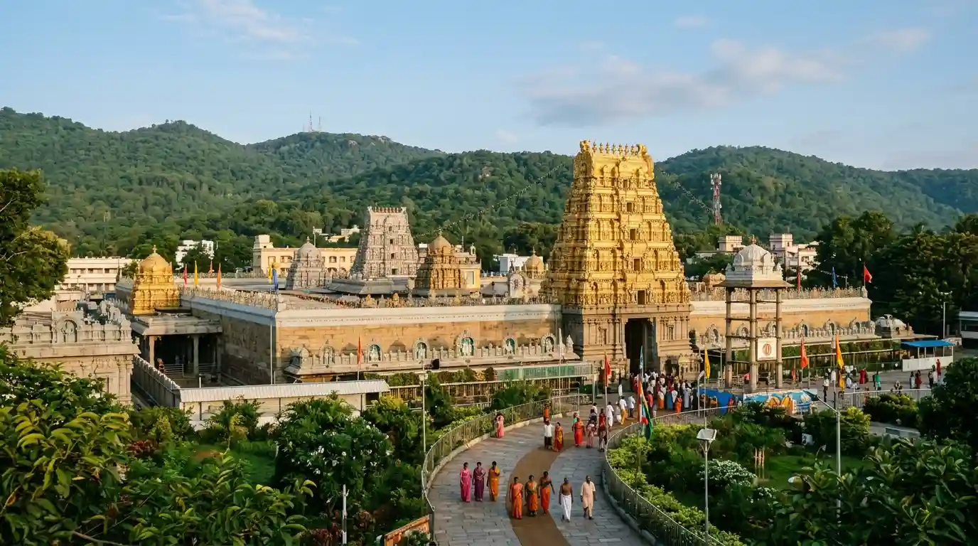 Tirumala Venkateswara Temple surrounded by the green hills of Tirupati, Andhra Pradesh.