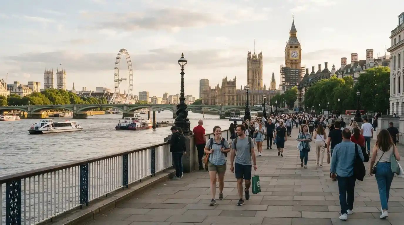 London riverside scene with historic architecture and pedestrians exploring the city