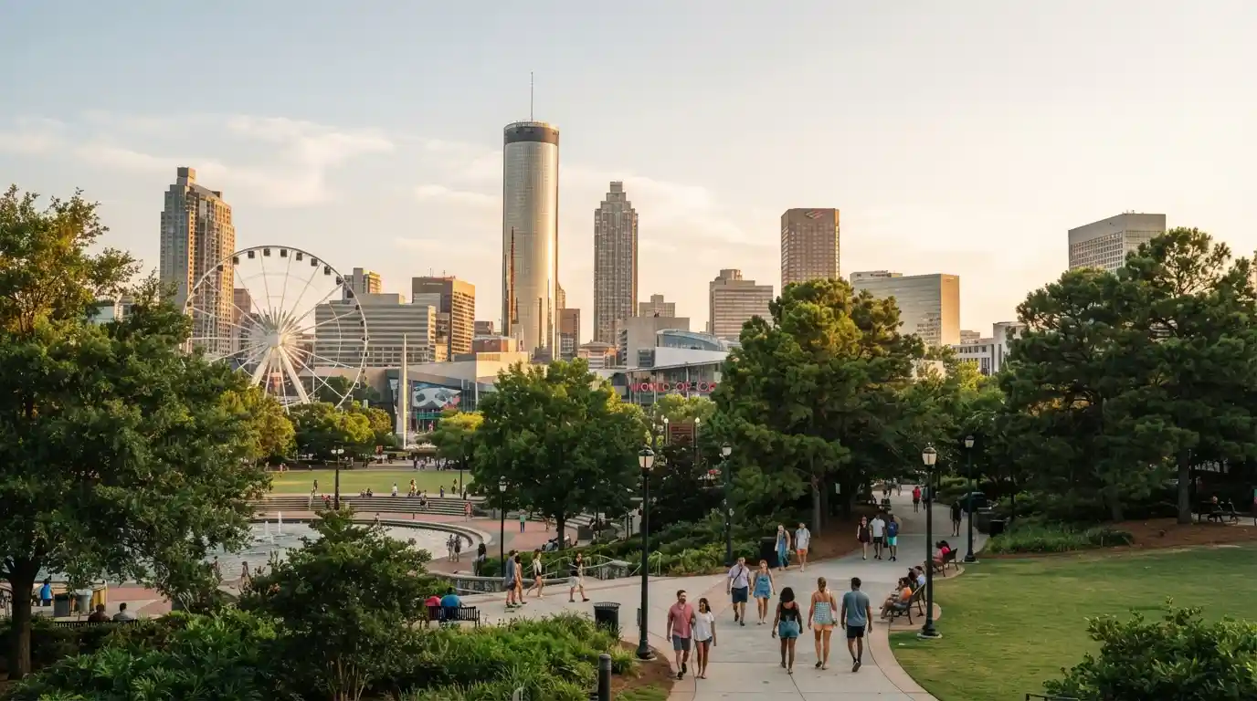 Atlanta skyline and downtown park scenery representing places to visit in Atlanta