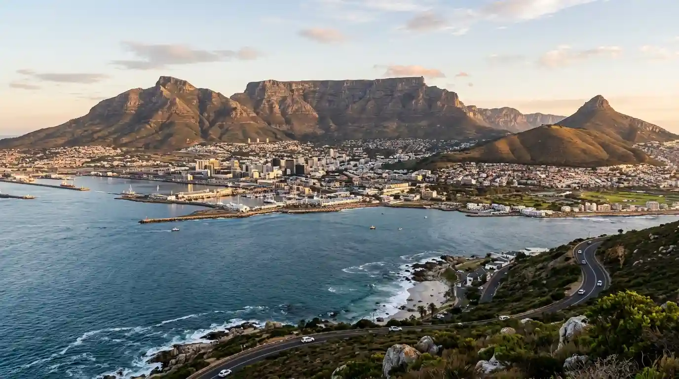 Table Mountain overlooking Cape Town's coastal cityscape and Atlantic Ocean.