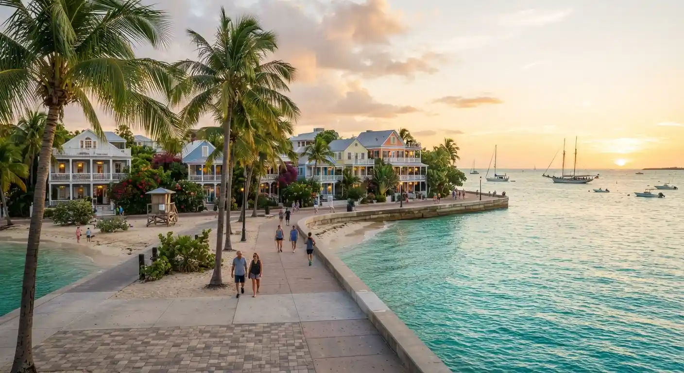 Key West waterfront with tropical blue water, palm trees, and historic island scenery