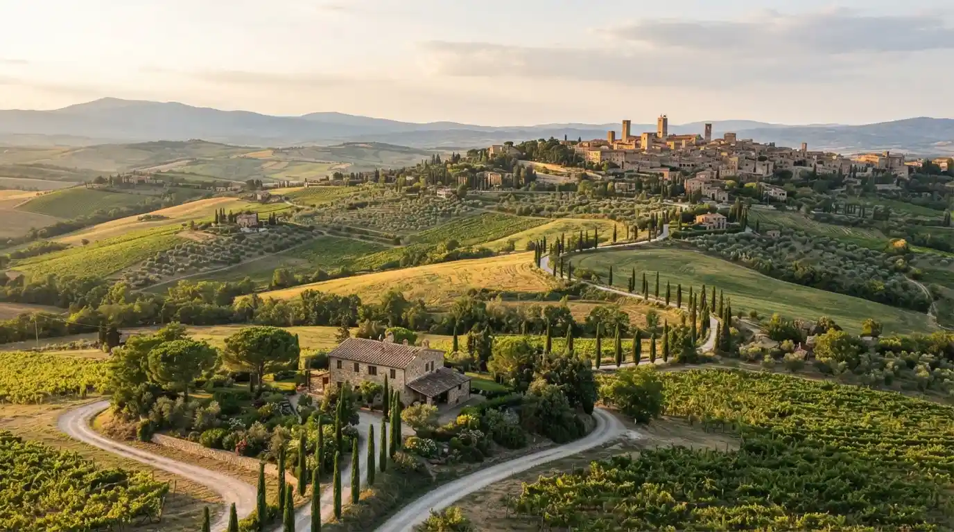 Rolling Tuscan countryside with vineyards, cypress trees, and a medieval hill town