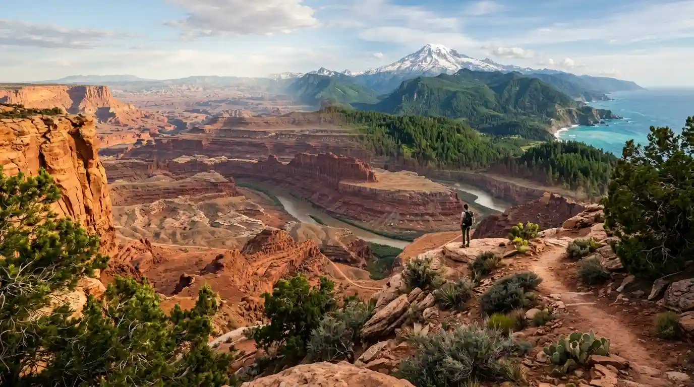 Dramatic red sandstone formations and expansive desert scenery representing unique travel destinations in the United States.